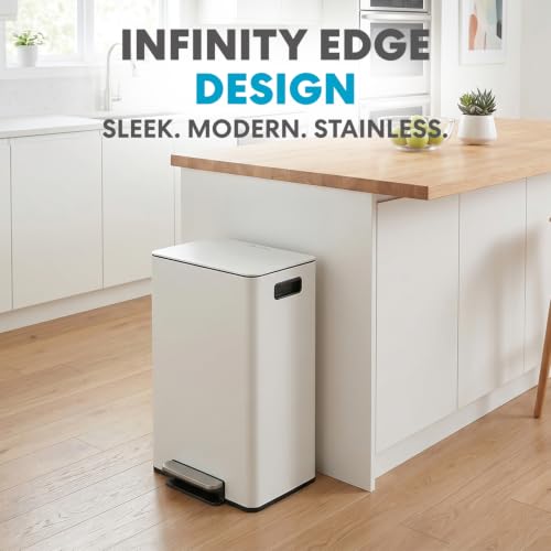 SIMPLI-MAGIC Infinity Edge 13 Gallon (50L) Kitchen Trash Can - Hands-Free Step Pedal, Soft-Close Lid, Stainless Steel Garbage Can with Inner Bucket, Fingerprint-Resistant Finish, White Cloud - color: White, size: 13 Gallon