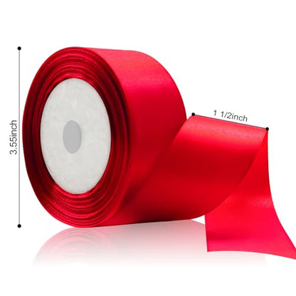 Flezoo 25 Yards 1-1/2" Red Satin Ribbon for Crafts Gift Wrapping Wedding - color: Red