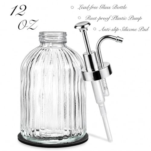 SheeChung 12oz Clear Glass Liquid Soap Dispenser,Silver Pump,Striped,2 Pack - color: Clear, Silver Pump, 2pcs
