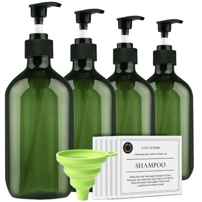 Empty Plastic Bottles with Pump Dispenser and Labels Included, Refillable Travel Containers for Hand sanitizer Shampoo Lotion, etc - No BPA/Paraben-Free, 500ml/16.9oz (Green, 4 Pack) - color: Green, size: 4 Pack