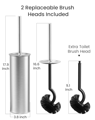 Cesun 304 Stainless Steel Toilet Brush & Holder Set, 2 Brush Heads, Silver - color: Silver