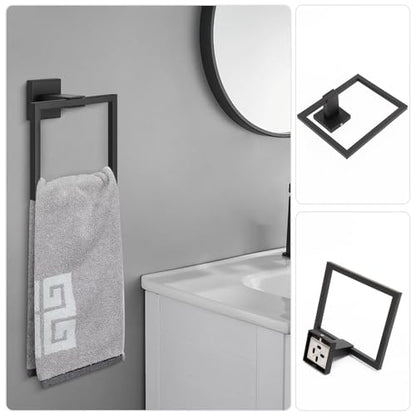 NearMoon 5 Pieces Bathroom Hardware Set 304 Stainless Steel - Square Towel Rack Set Include 16" Towel Rod + Towel Ring + Toilet Paper Holder + 2 Robe Towel Hooks Bathroom Accessories (Matte Black) - color: Matte Black, size: 16 inch