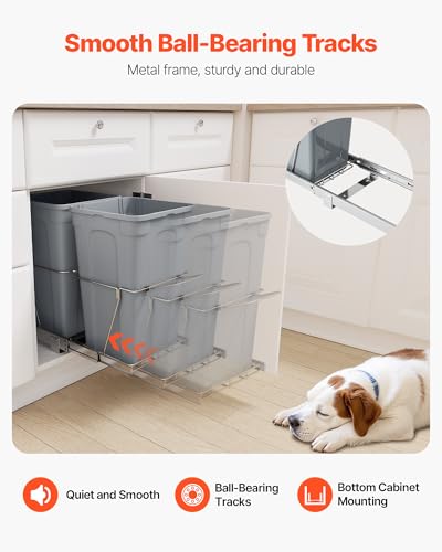VEVOR Pullout Trash Can for Kitchen Cabinets, 27QTx2 Double Under Sink Garbage Waste Recycling Bin, Under Mount Waste Container, with Heavy Duty Metal Full Extension Sliding System and Handle Grey - size: 54QT(27QTx2)