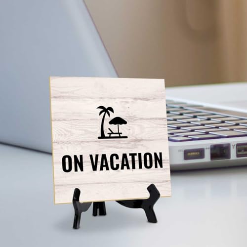 On Vacation 5"x 5" Square Table Sign With Acrylic Easel | General Office Notices & Business Table Signs - color: On Vacation