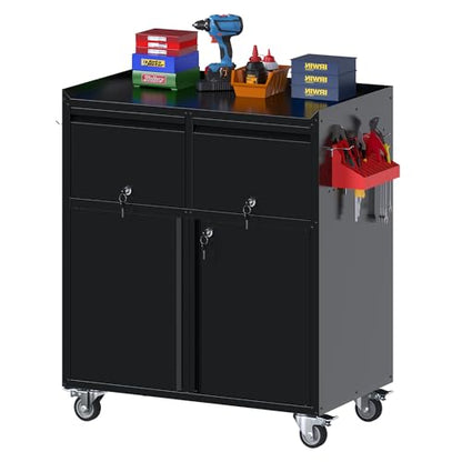 Metal Tool Cabinet with 2 Drawers, Adjustable Shelf & Wheels, Black - color: Black, size: 18.11"D x 30.31"W x 35.5"H