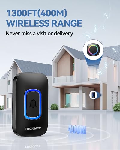 TECKNET Plug-in Wireless Doorbell with RGB Lighting & 1300 Feet Range,IP66 Waterproof Doorbell for Home/Classroom/Office/Business,60 Chimes,5-Level Volume,4.5-Year Battery Life(Black) - color: Black 1 Receiver+1 Button