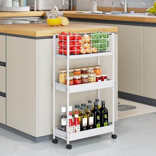 KINGRACK Slim Rolling Storage Cart, 3 Tier Metal Utility Cart, White - color: White, size: 3-Tier
