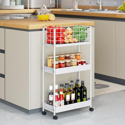 KINGRACK Slim Rolling Storage Cart, 3 Tier Metal Utility Cart, White - color: White, size: 3-Tier