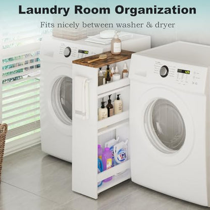 MARTY Slim Rolling Storage Cart 7.9" W Laundry Cart with Wheels,Brown+White - color: White, size: 7.9"D x 15.75"W x 31.5"H
