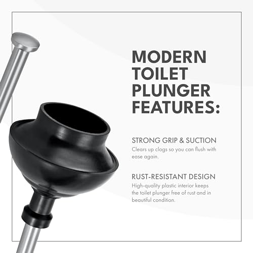 ToiletTree Products Stainless Steel Plunger - Heavy Duty Toilet Bowl Plunger with Holder for Bathroom Essentials and House Cleaning Tools - Stainless Steel, 6.5” x 6.5” x 18.5”