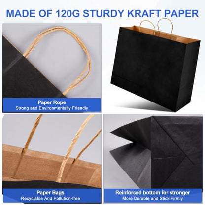 Maitys 12 Pcs 20x16x5 Inch Black Extra Large Paper Gift Bags with Handles - color: Black, size: 20x16x5 Inch