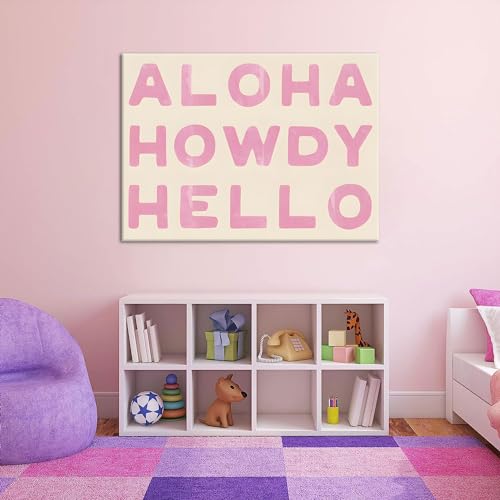 Aloha Howdy Hello Wall Art, Trendy Western Coastal Cowgirl Room Aesthetic Canvas Poster,Preppy Pink Text Pictures Horizontal Funky Bar Cart Prints For Teen Girl Dorm Bedroom Wall Decor Framed (pink,