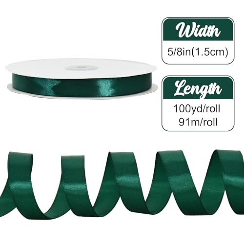 TONIFUL 100yd 5/8 Inch Dark Green Satin Ribbon for Christmas Gift Wrapping - color: Green, size: 5/8 in x 100 yds