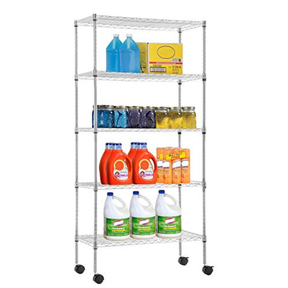 FDW | 5-Tier Wire Shelf with Wheels | 30" x 14" x 60" | Chrome - color: Chrome, size: 30×14×60