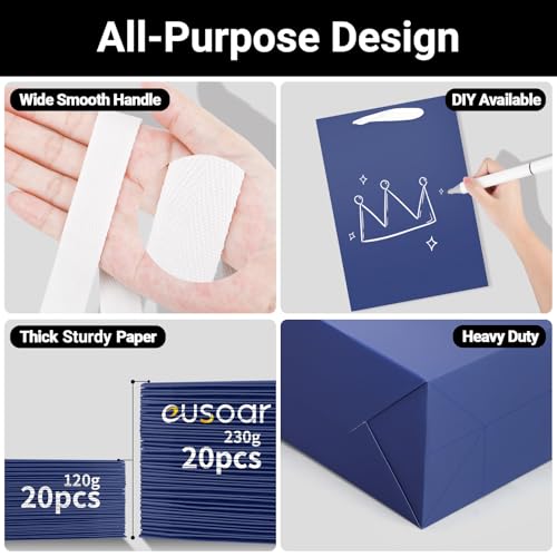 EUSOAR Navy Blue Gift Bags, 3pcs 7.8"x3.9"x11" Kraft Paper Bags with Handle - color: Navy Blue, size: 1 Count (Pack of 3)
