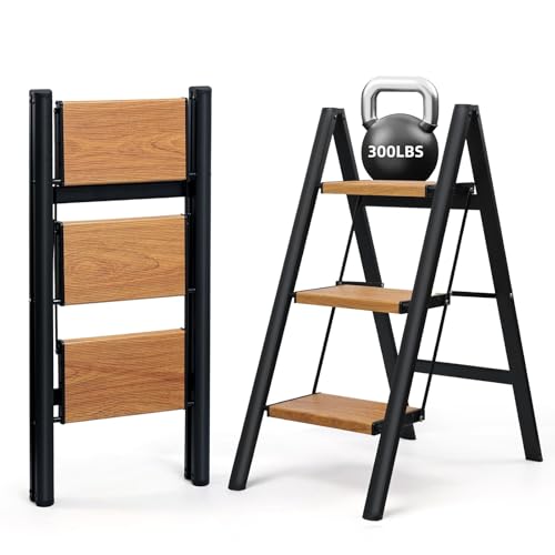 SOLADDER 3 Step Ladder, Folding Step Stool, Black & Woodgrain - color: Black&woodgrain, size: 3 Step