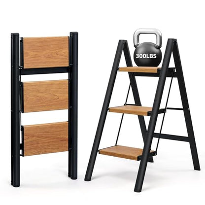SOLADDER 3 Step Ladder, Folding Step Stool, Black & Woodgrain - color: Black&woodgrain, size: 3 Step