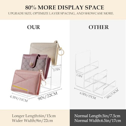 6Pcs Clear Acrylic Display Stand Bundle with Gold Trim, 4 Adjustable Purse Holders (14"-24") & 2 Widen 3-Tier Wallet Risers, Handbag and Clutch Countertop Organizer Rack Set for Retail Boutique