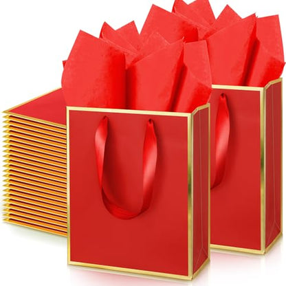 Yeaqee 50 Pcs Metallic Paepr Gift Bags Bulk with Handles,Red Gold - color: Red and Gold