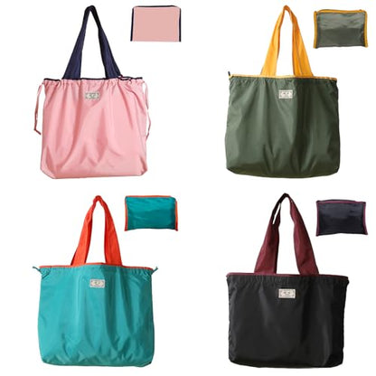 4 PC Foldable Reusable Shopping Bag 210D Nylon Waterproof Travel Grocery Tote with Drawstring Mouth & Reinforced Handle - color: Group 1