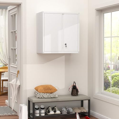 Metal Storage Cabinet with Lock, Kitchen Cabinets Wall Mounted, Steel Wall Cabinet with Doors and Shelf, Hanging Cabinet for Laundry, Pantry, Home Office, White - color: 28"h - White