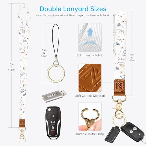 2-in-1 ID Badge Holder & Lanyard Wallet，Cute Zippered Pouch White Flowers - color: White Flowers
