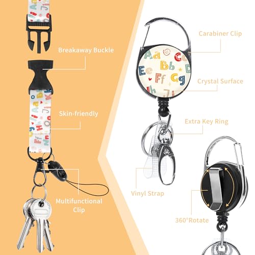 Teacher Lanyard with ID Holder, Colorful Alphabet Badge Holder with Retractable Reel Clip and Breakaway Lanyard, Gifts for Teachers - color: Colorful Alphabet-056