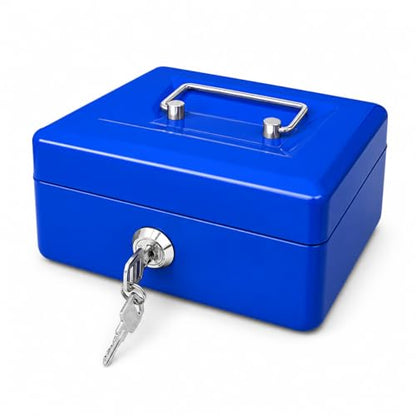 Steel Cash Box with Key Lock, Metal Small Money Organizer with Money Tray,Cash Storage Box with Lockable Cover (Blue - 6 inch) - color: Blue - 5.9" x 3.1" x 4.7"