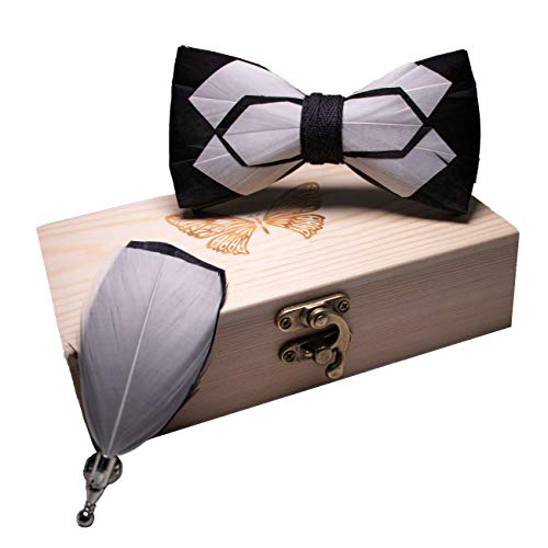 RBOCOTT Handmade Feather Pre-tied Bow tie and Brooch Sets for Men - color: Black/White1