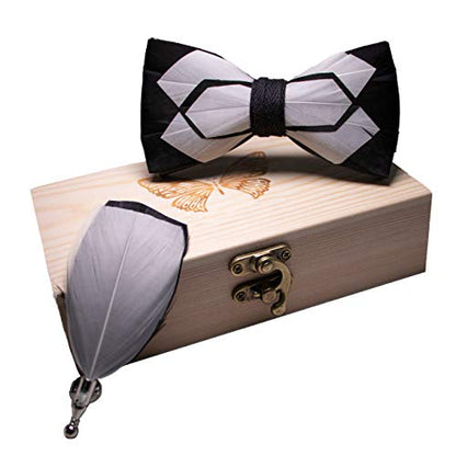 RBOCOTT Handmade Feather Pre-tied Bow tie and Brooch Sets for Men - color: Black/White1