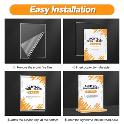 8.5 x 11 Acrylic Sign Holder with Wood Base - Tabletop Display Menu Stand - Clear Plastic L/T Shape Vertical or Slant Back Paper Holders - 6 pack - style: 8.5x11in 6pack