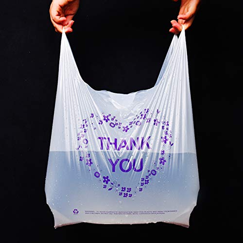 LazyMe Thank You T Shirt Bags, White Plastic Grocery Bags with Handles, Standard Supermarket Size, 12 x 20 inch (100 PCS)