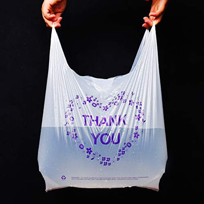 LazyMe Thank You T Shirt Bags, White Plastic Grocery Bags with Handles, Standard Supermarket Size, 12 x 20 inch (100 PCS)