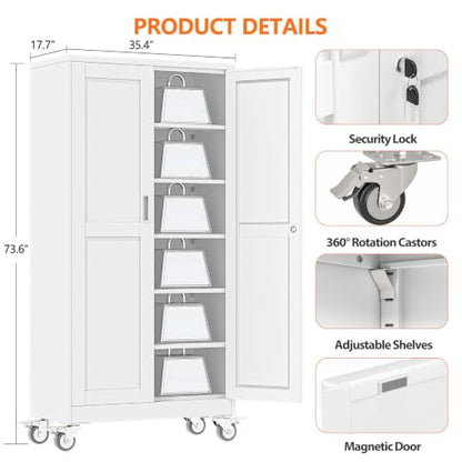 pozdeg 73.6" White Lockable Rolling Metal Garage Storage Cabinet - color: White, size: 17.7"D x 35.4"W x 73.6"H