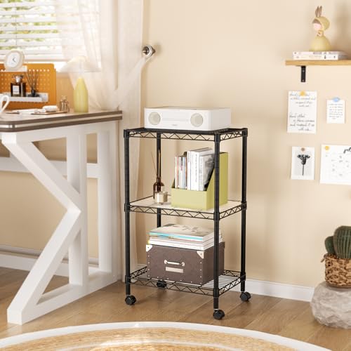 SINGAYE 3 Shelves Storage Shelf Wire Shelving Unit Metal Adjustable Wheels - color: Black, size: 3Tier/11.5"D X 17.5"W X 30.5"H