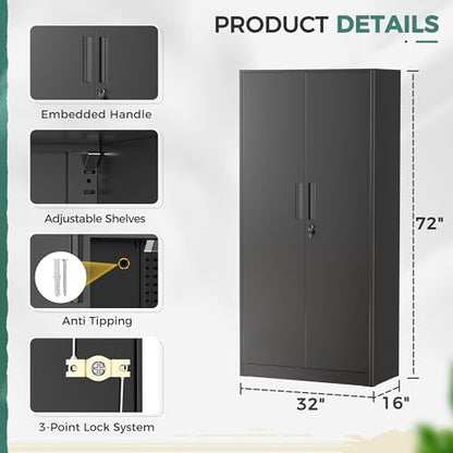 Greenvelly Storage Cabinet, 72” Black Garage Steel Locking Cabinet with Doors and 4 Adjustable Shelves, Tall Lockable File &Tool Cabinet for Home Office, Metal Classroom Cabinet Basement - color: Black, style: 72"H