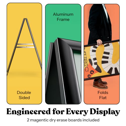 T-SIGN Sidewalk Sign for Indoor & Outdoor Sign - Open Aluminum A Frame Sign Poster Board 24x36 Inches, White Dry Erase Surface - Heavy Duty Double Sided Sandwich Board, Street Advertising Sign Board - color: Black - Premium Dry Erase Surface