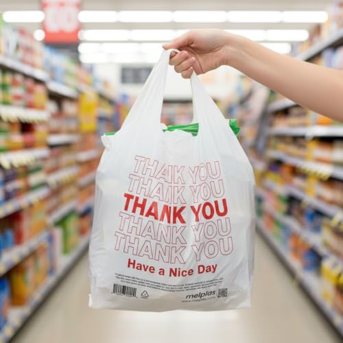 T-Shirt Bags Printed “Thank You” 21x12 Inches, 0.8 Mil Thick, 100 Count – Durable Plastic Carry Bags with Handles, Leak-Proof & Tear-Resistant, 20 Gallon Capacity, Recyclable Grocery & Restaurant Use