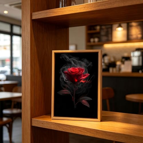 Dark Moody Aesthetic Rose Bedroom Wooden Box Sign 8x12 Inch - color: Red Rose with Smoke