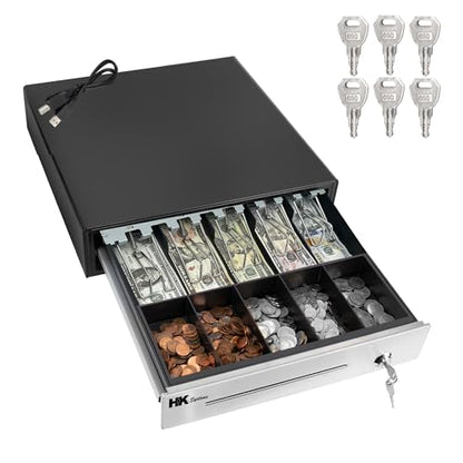 HK SYSTEMS 16inch "Stainless Steel" Front Heavy Duty POS "USB" Interface Cash Drawer with 5Bill/5Coin (BLACK) "NO compatibility with Square POS system for now" - color: 16" POS-USB Black