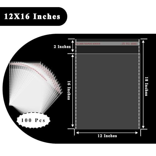 Self-Sealing Cellophane Bags 12 x 16 Inches, Re-Sealable Clear Packaging Bags 100Pcs Suitable for Packaging Retail Products, Clothing (Shirts, T-Shirts), Party Gifts, Pictures and Artwork - size: 12*16IN
