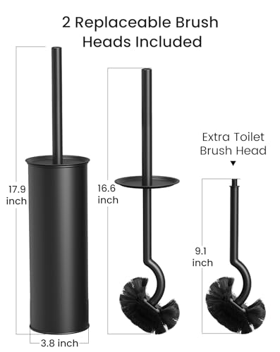 Cesun 304 Stainless Steel Toilet Brush and Holder Set, 2 Brush Heads, Black - color: Black