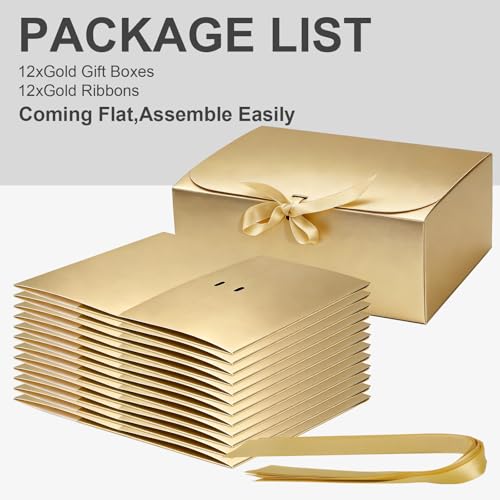 LWYMX 12 PCS Gold Gift Boxes with Lids，9.8x7.8x3.9, Bridesmaid Proposal Box with Ribbon, Gift Boxes for Wedding, Christmas, Valentine's Day,Birthday,Baby Shower and the other Parties - color: Gold, size: 1 Count (Pack of 12)