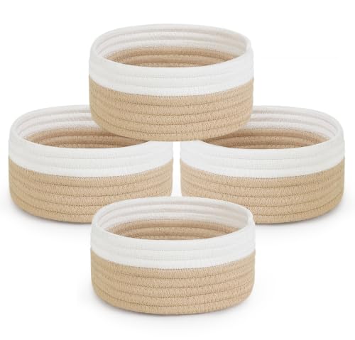 Dahey Set of 4 Mini Small Woven Gift Baskets for Organizing, White & Beige - color: White and Beige, size: 7.09"W x 3.15"H