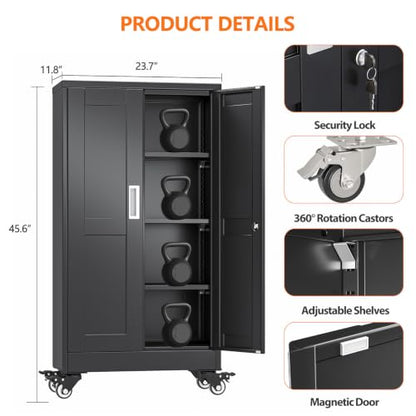 pozdeg 45.6" Black Lockable Rolling Metal Garage Storage Cabinet - color: Black, size: 11.8"D x 23.7"W x 45.6"H