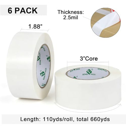 BOMEI PACK Packing Tape, 6 Rolls Heavy Duty White Packaging Tape for Shipping Packaging Moving Sealing, 1.88 inches Wide, 110 Yards Per Roll, Total 660 Yards with 1 Dispenser - color: White