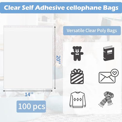 100 Pack 14x20" Clear Cellophane Bags for Shirts, Gift Wrapping, Artwork - size: 14x20 Inch