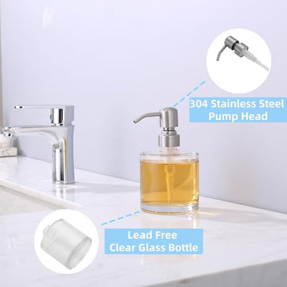 Clear Glass Soap Dispenser with Rust Proof Stainless Steel Pump, Brushed Nickel Refillable Liquid Hand Soap Dispenser for Bathroom, Kitchen (11Oz, Round) - color: Brushed Nickel, size: 11 oz Round