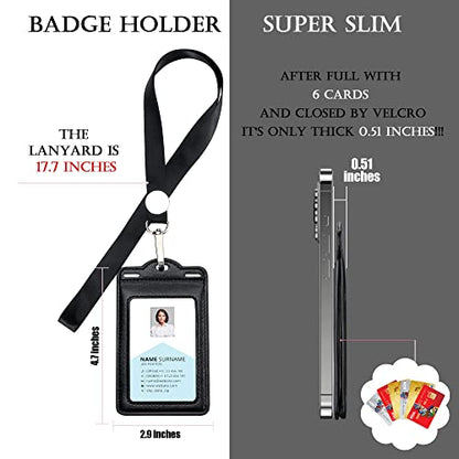 Badge Holder with 2 Lanyard Leather Easily Holds 1 to 6 Cards, Trifold Heavy Duty ID Card Holder, for Nurse Teacher School Medical Law Enforcement - color: Black