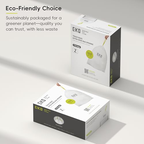 EKO 12.5 Gallon / 40-60 Liter, 110 Count Drawstring Trash Bags, Extra-Strong Garbage Bags, Unscented, Leak-Resistant, Easy-Dispense Roll for Kitchen & Household Use, Code Z, White - size: 110 Count (Pack of 1), style: 12.5 Gallon Bags/Code Z